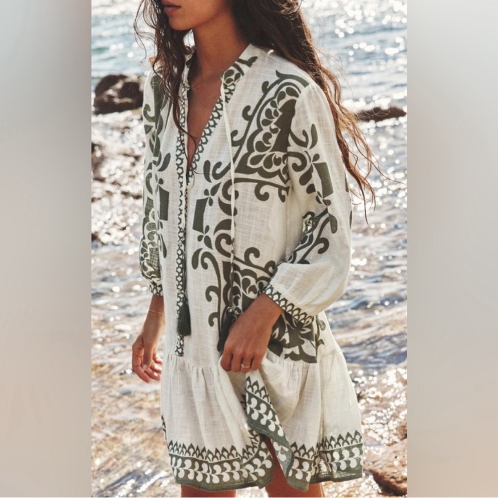 Zara PRINTED RUSTIC MINI DRESS ECRU / KHAKI 0/9878/141/071/03